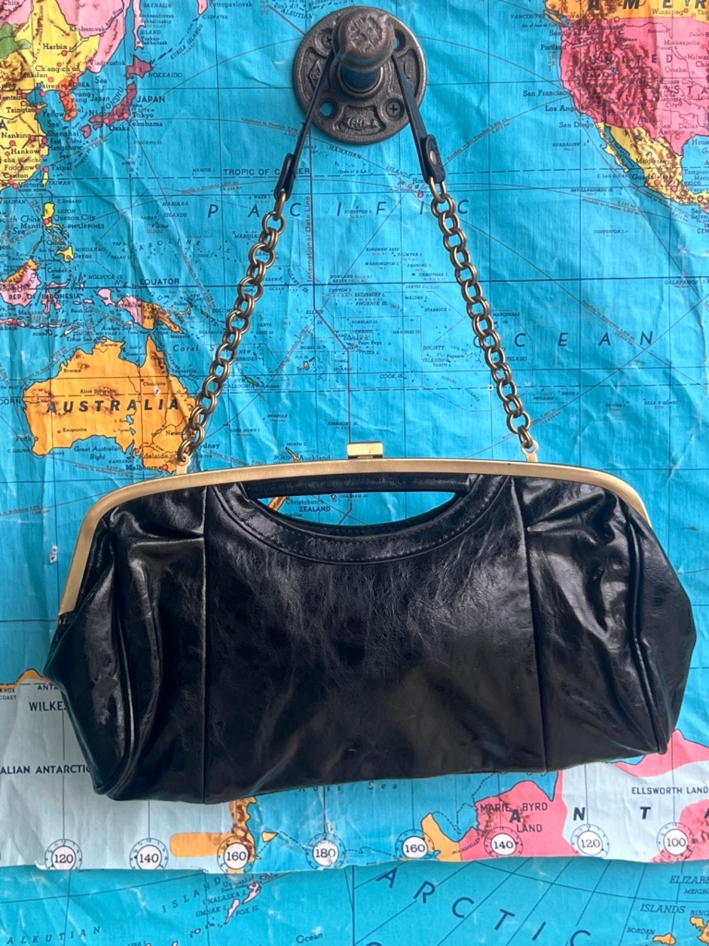 Bueno Black Handbag with Gold Metal Frame and Clasp